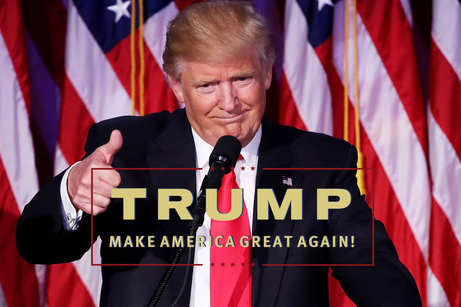 Donald Trump with campaign slogan on USA flags wallpaper