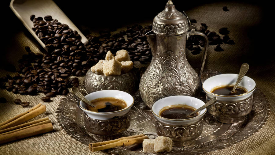 Turkish coffee tray with cinnamon spice and sugar cubes wallpaper.