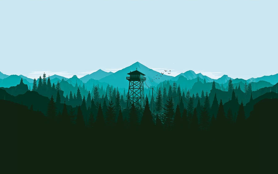 Firewatch tower in forest with turquoise mountains wallpaper