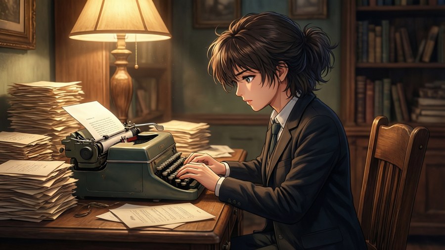 Luculia Marlborough writing letters at a desk with a typewriter