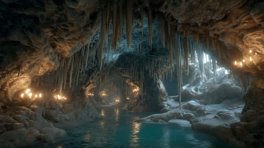 ice cave,cavern,stalactites,glowing,water,fantasy,enchanted,mystical,frozen,underground,lights,adventure,magical,nature,exploration