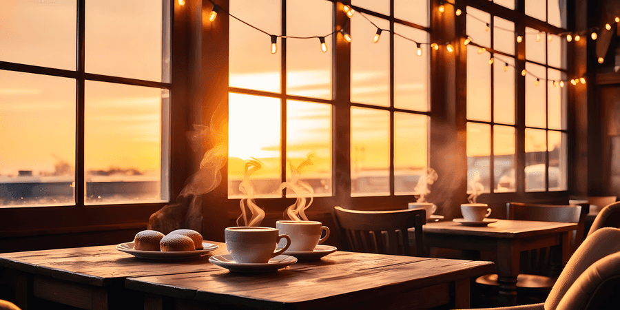 dining,sunset,golden hour,restaurant,chairs,table,warm,empty,elegant,light,interior,peaceful,cozy,stylish,scenic