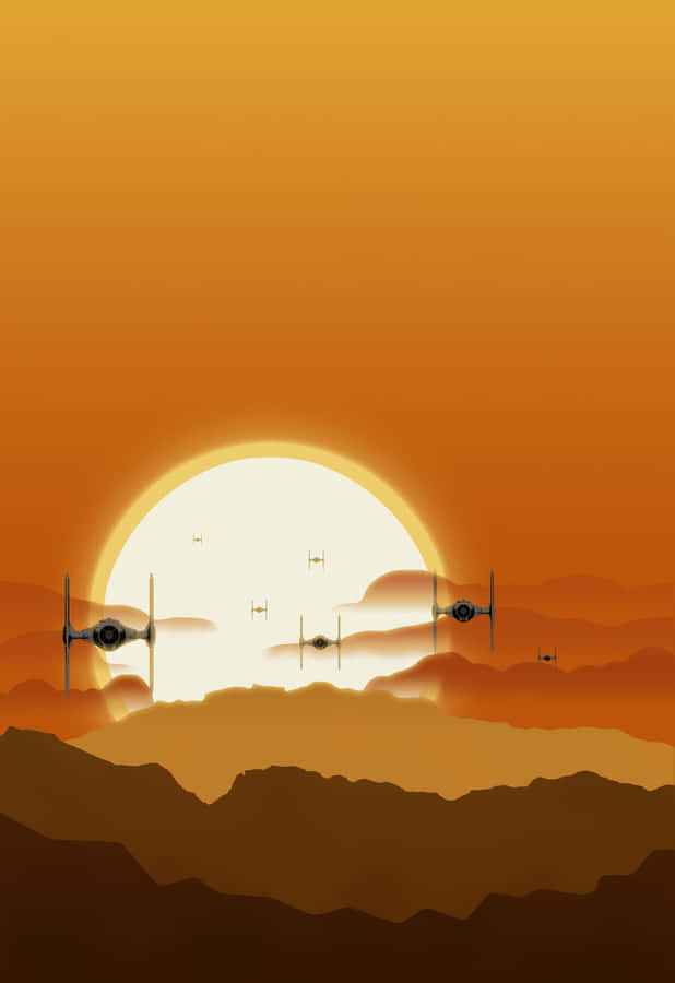 TIEFighter am Himmel im Hintergrund von Tatooine