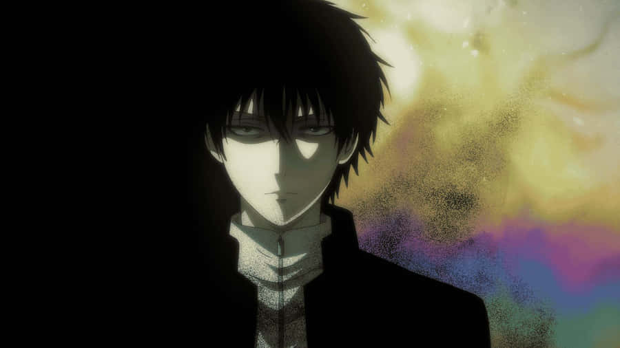 Mysteriöser Anime-Charakter mit buntem Hintergrund
