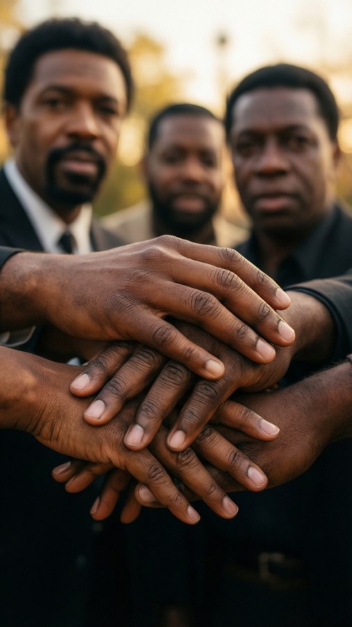 A close-up of hands stacked together with the Mills Brothers in the background.