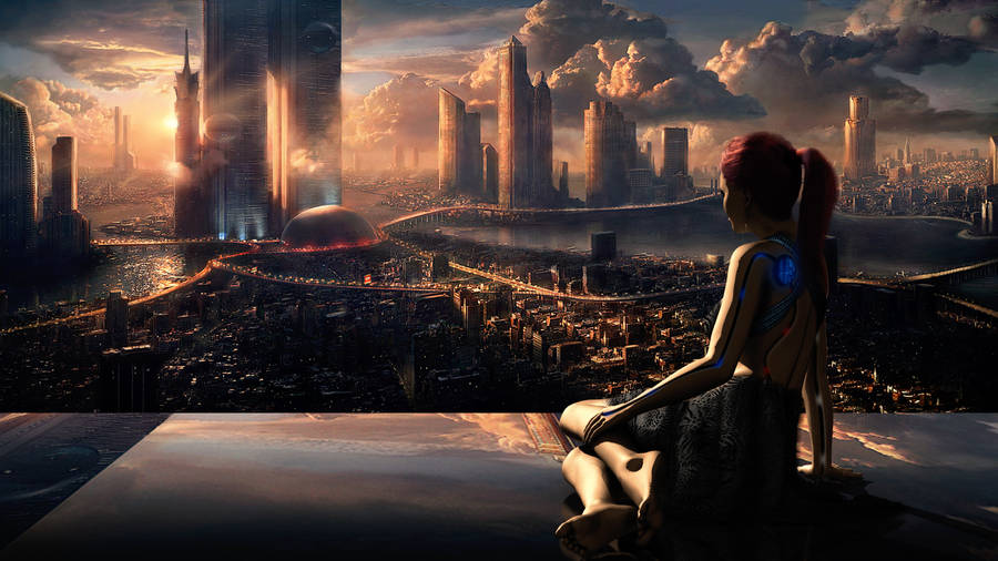 Sfondoper Android e città futuristica