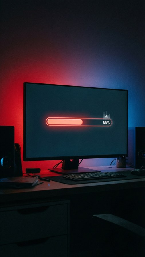 A tense minimalist scene with a monitor showing a 99% video upload progress bar in red and blue light.