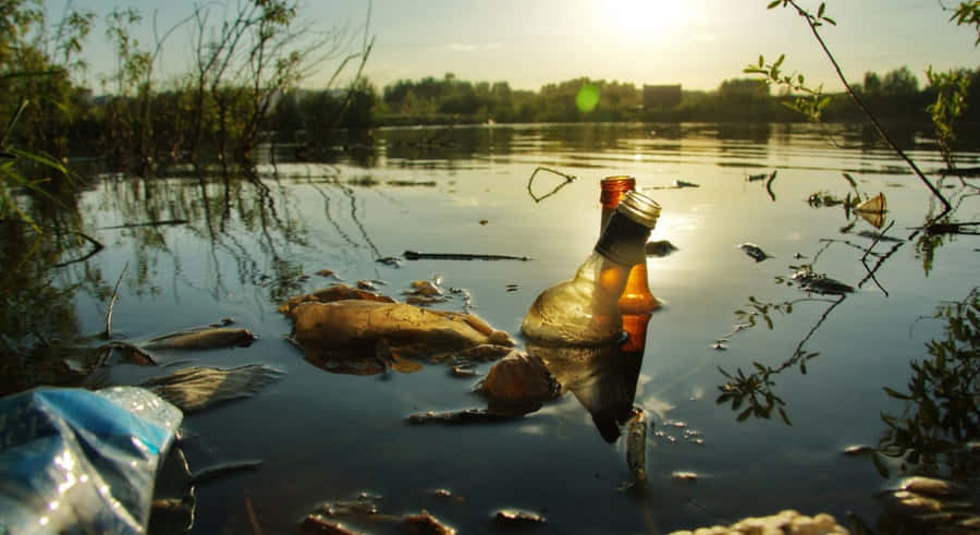 EineFlasche, die in einem See mit Müll treibt.