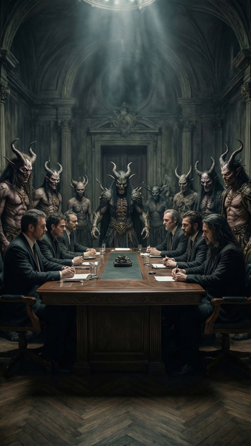 Douma among the Upper Moon demons in a dark hall