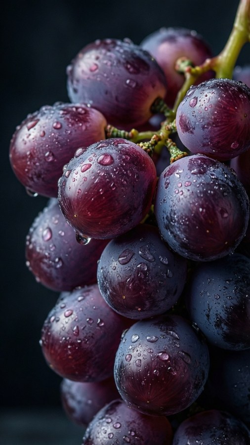 Macro de uvas moradas con gotas de agua sobre fondo oscuro.