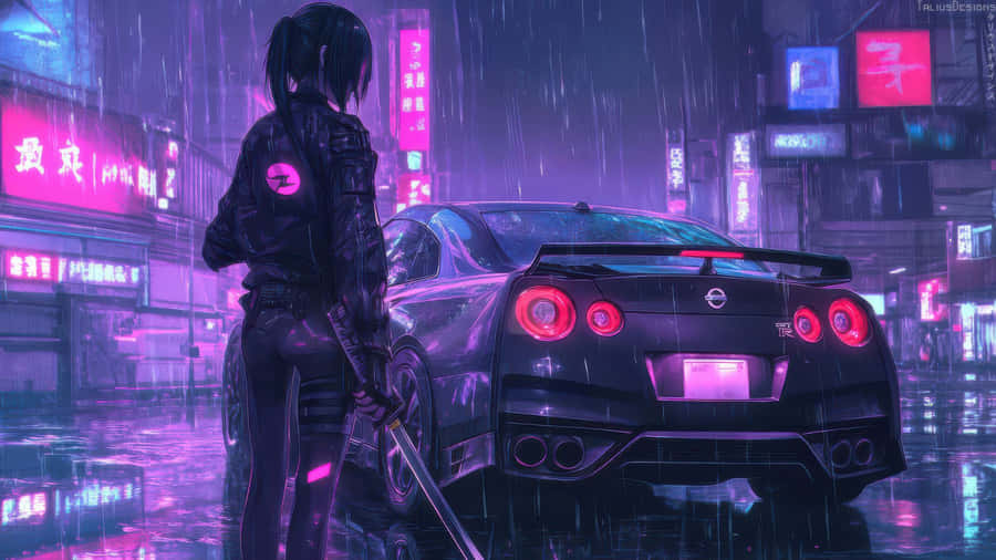 Cyberpunk natt anime bil