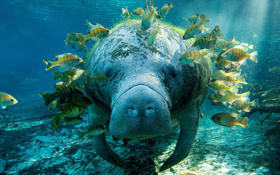 Manatee umgeben von Fischen