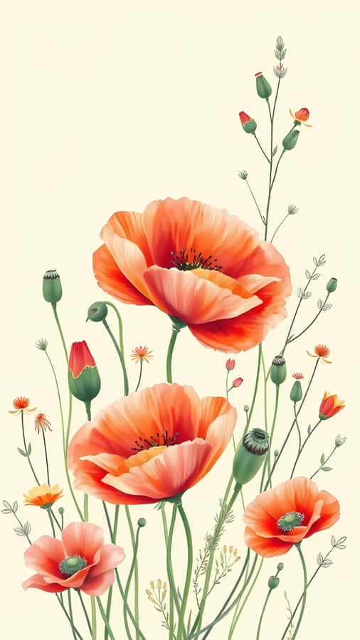 poppy flower wallpaper,minimal floral,soft illustration style,aesthetic flowers,light background,botanical art,mobile wallpaper