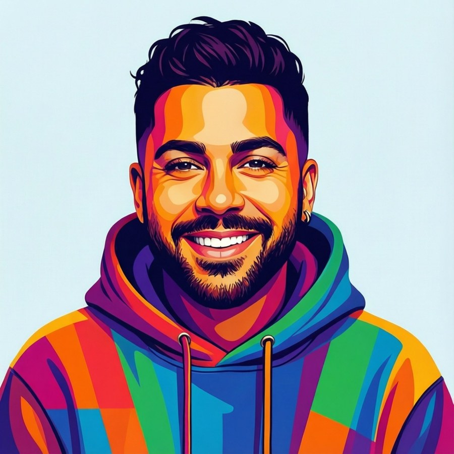 Vector art of J Balvin with a smile and colorful hoodie.