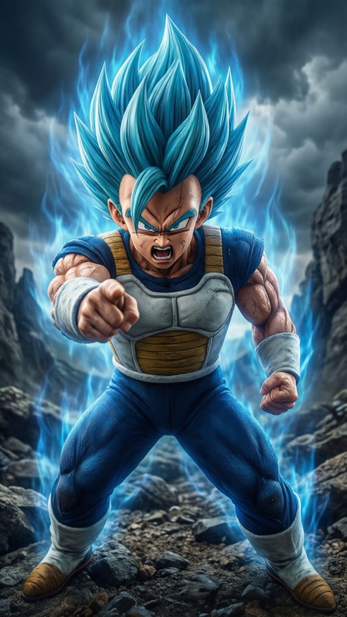Vegeta i Super Saiyan Blue, argt pekande.