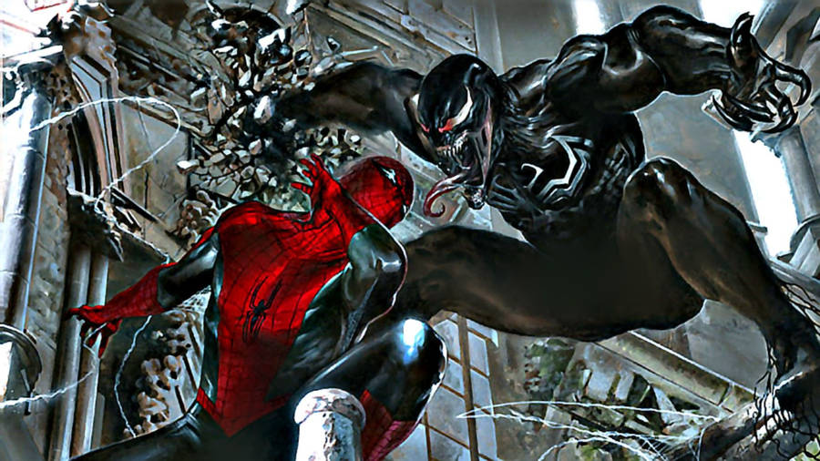 Venom fighting Spiderman in the city wallpaper. 