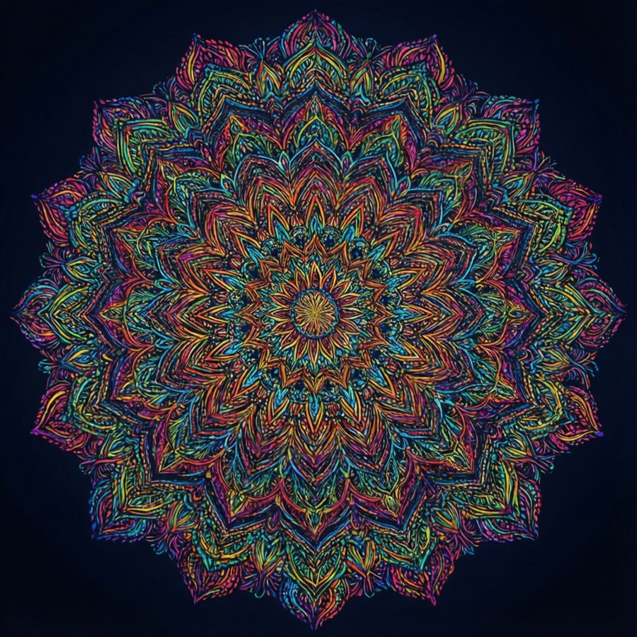 Intrincado mandala simétrico con colores brillantes sobre fondo oscuro.