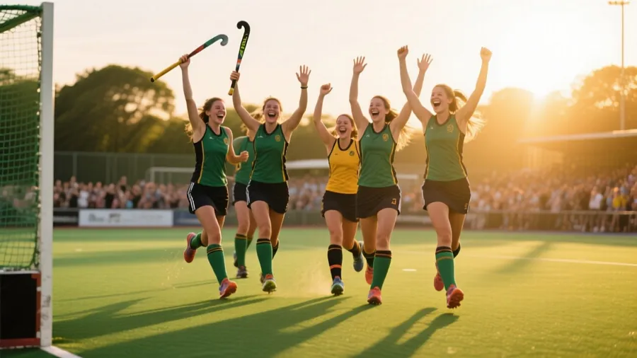 Field hockey team celebrating a goal during a match.