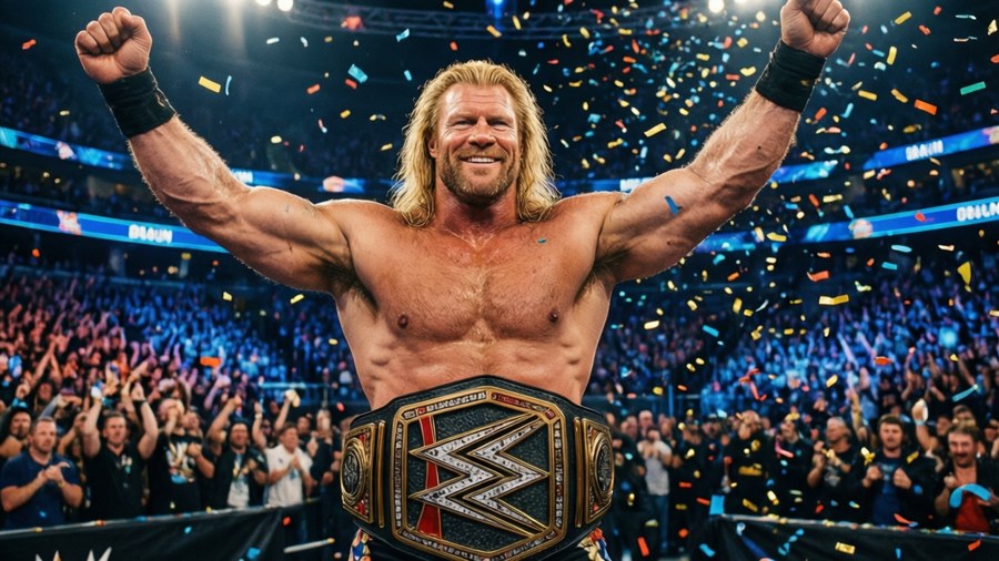 Braun Strowman celebrates a win with arms raised and belt around his waist as confetti rains down in a blue and gold arena.