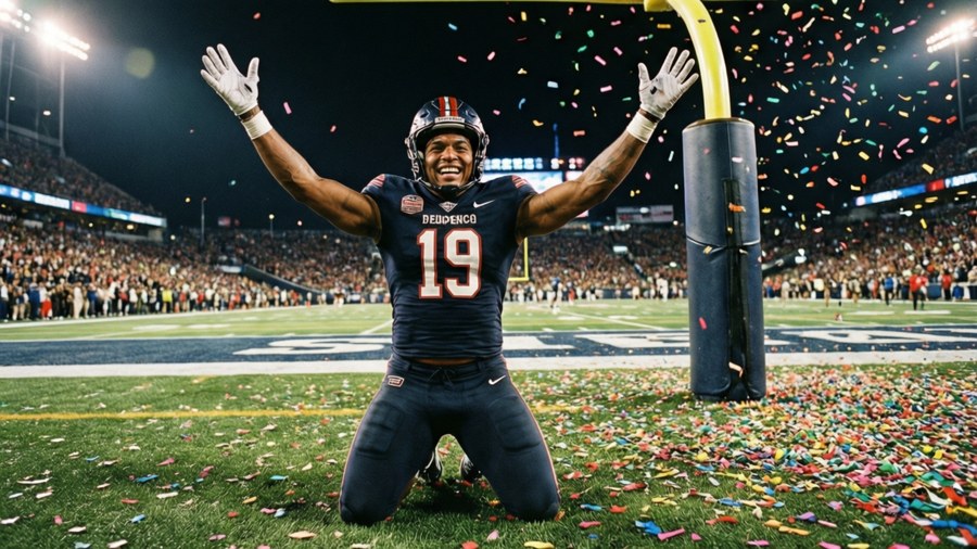 Pacheco celebrating a touchdown with arms raised, confetti and lights, joyful moment.
