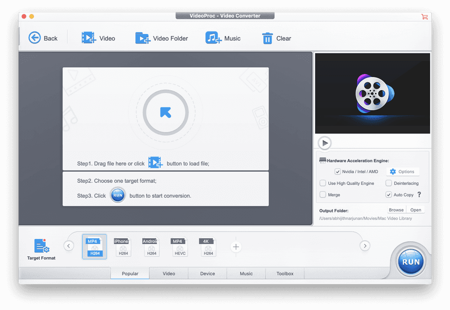 Video Conversion Software Interface PNG — VideoProc Video Converter Mac app interface showing drag drop file upload area format selection and RUN button.