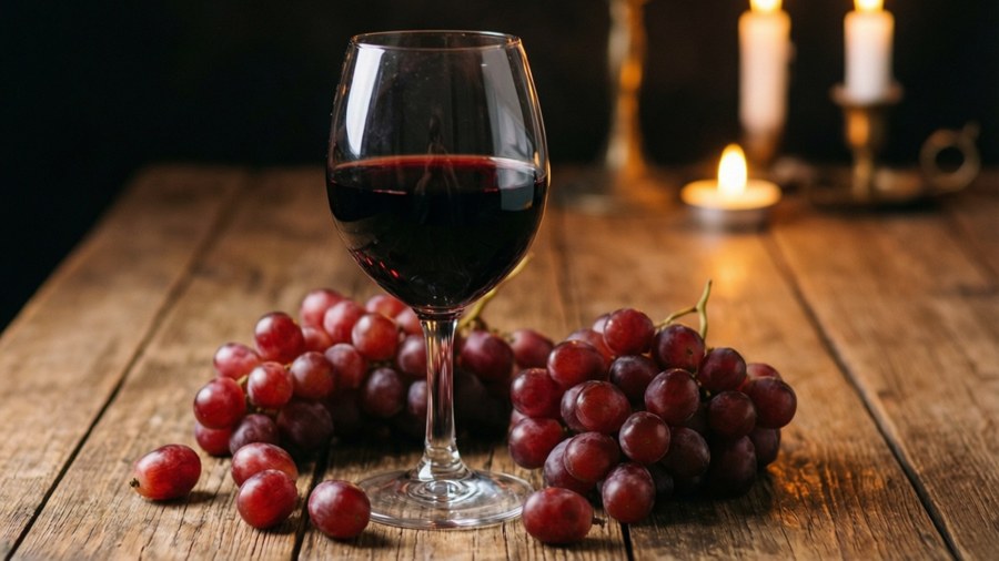 Bicchiere di vino rosso con uva su un tavolo di legno.