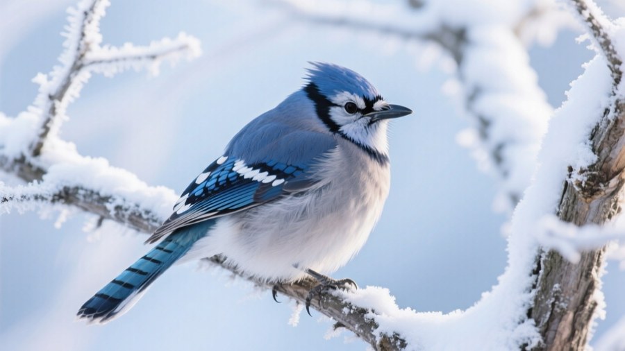 Nærbillede af en blåskade i et sneset vintertræ med frost på grenene.