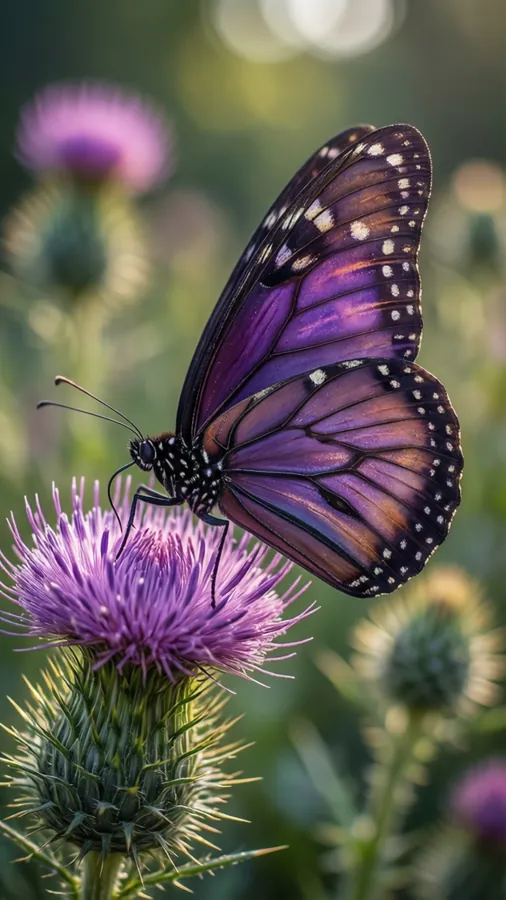 A violet monarch butterfly on a thistle.