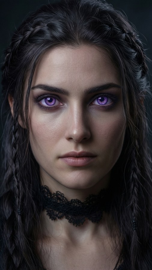 Intim närbild av Yennefers fascinerande violetta ögon och eleganta drag.