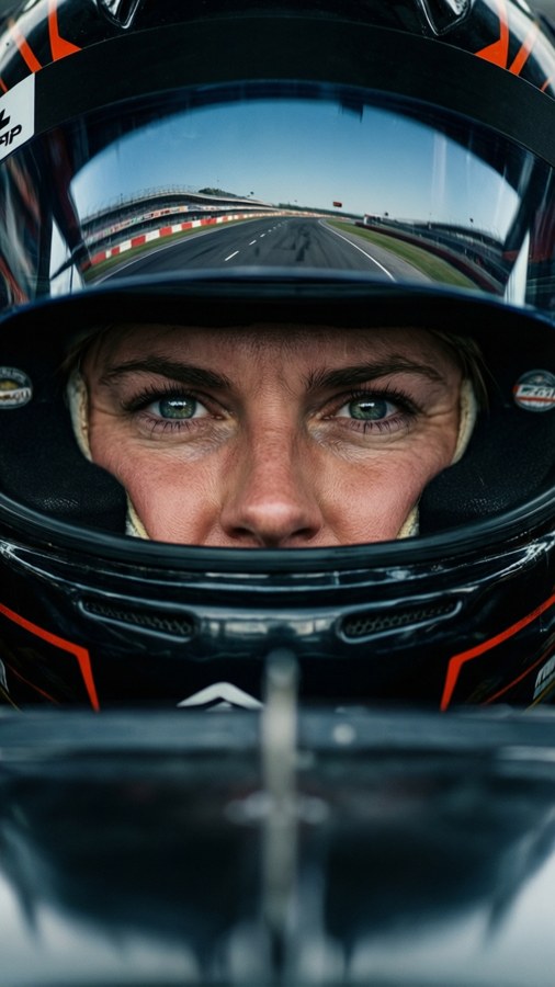 Close-up of Hailie Deegan through her helmet visor with a reflective track