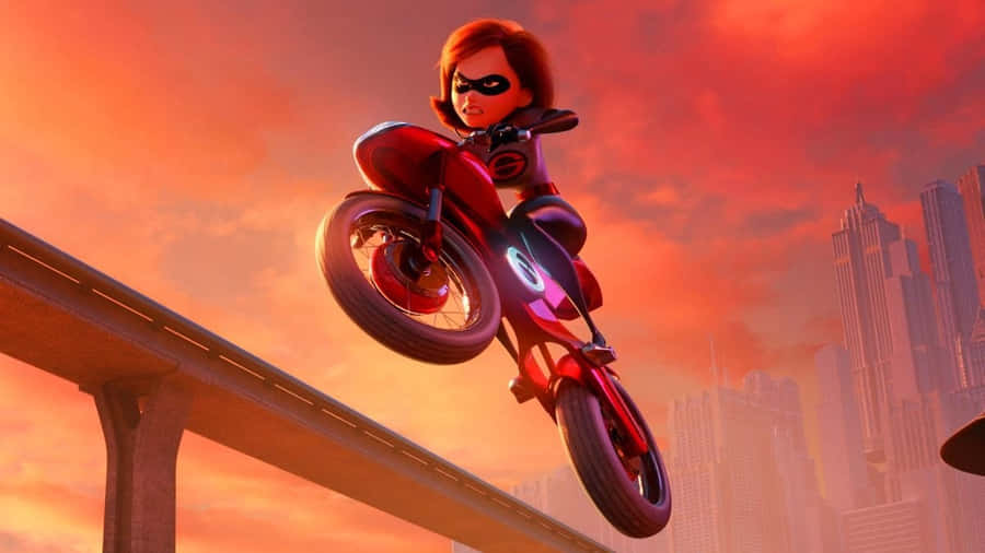 Elastigirl em Perseguição de Motocicleta ao Pôr do Sol