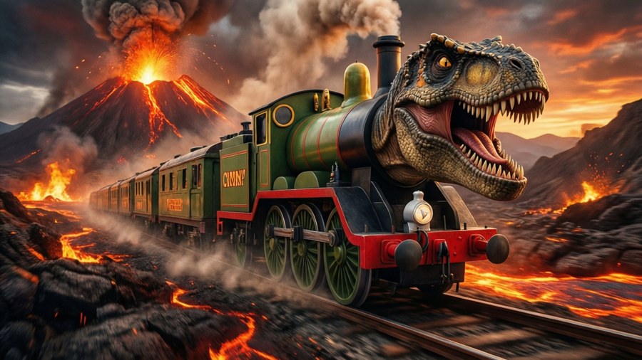 The Dinosaur Train speeds across a volcanic landscape with dramatic effects.