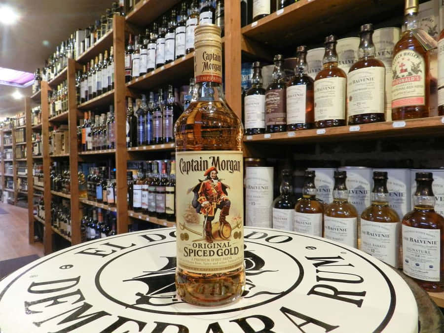 Exibição da Garrafa de Rum Especiado Captain Morgan