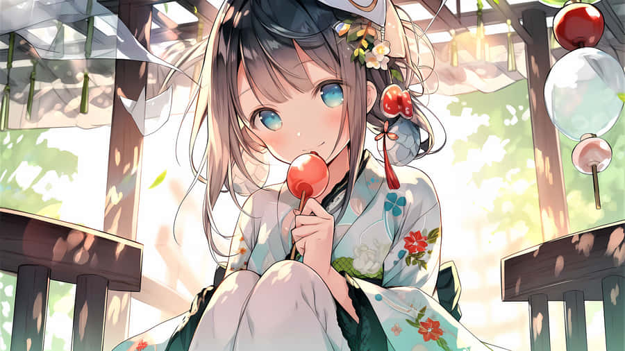 Garota Anime Aproveitando um Pirulito ao Ar Livre