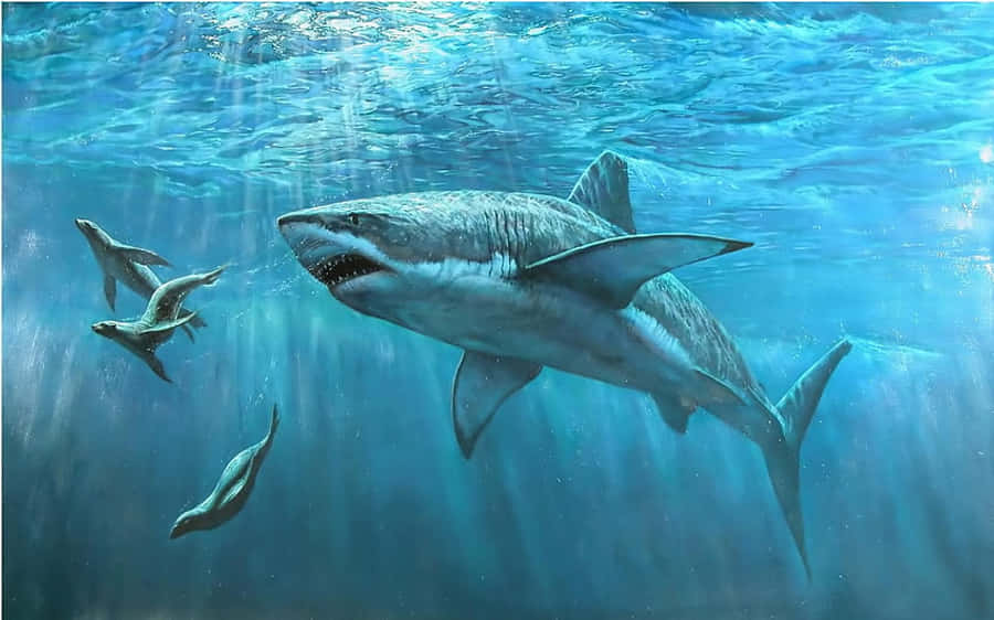 Megalodonnadando com focas na imagem de papel de parede para computador ou celular.