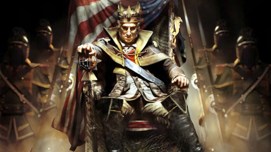En mand sidder på en trone med et amerikansk flag i baggrunden.