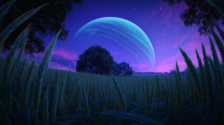exoplaneet,alien,landschap,fantasie,nacht,veld,bomen,sci-fi,mystiek,hemels,anderswerelds,dromerig,horizon,surrealistisch,ruimte