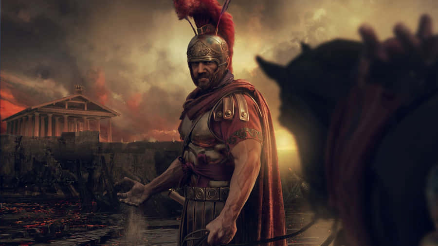 EinMann in einem spartanischen Kostüm steht neben einem Pferd.
