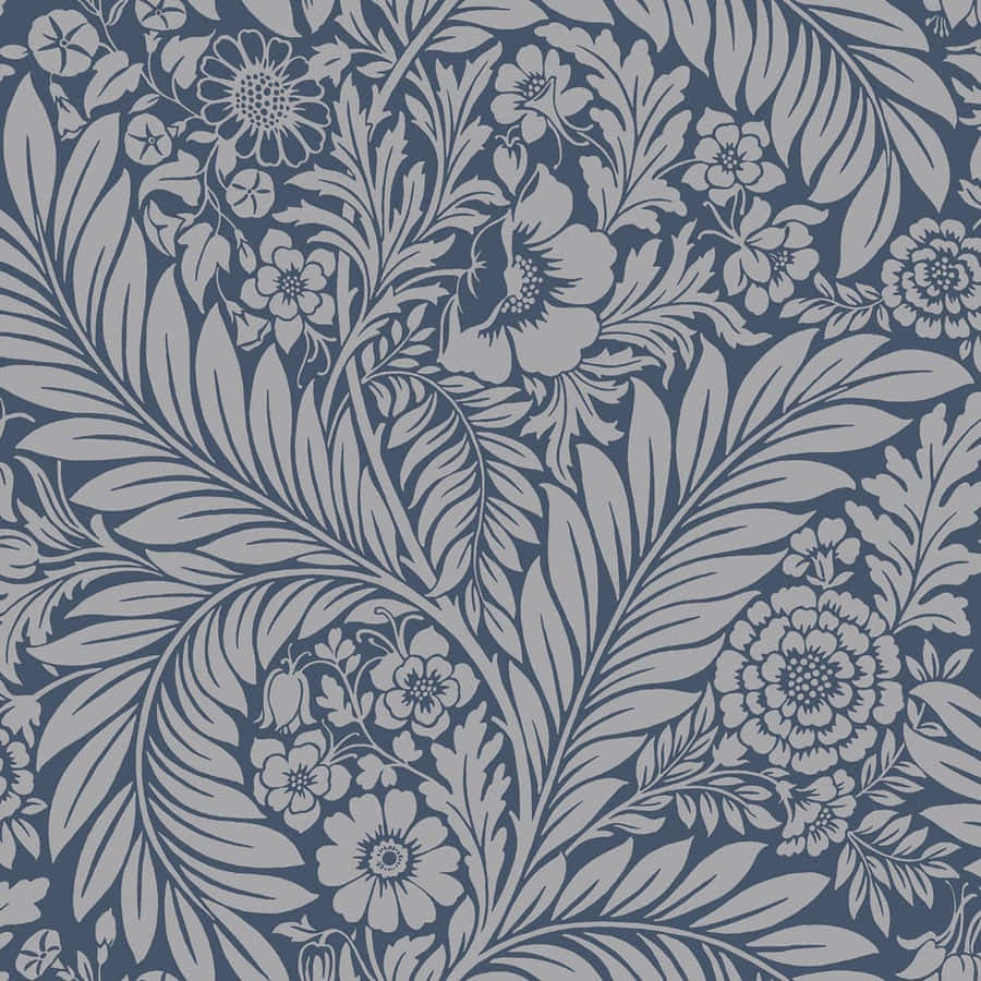 EineTapete mit einem Blumenmuster in Blau und Grau.