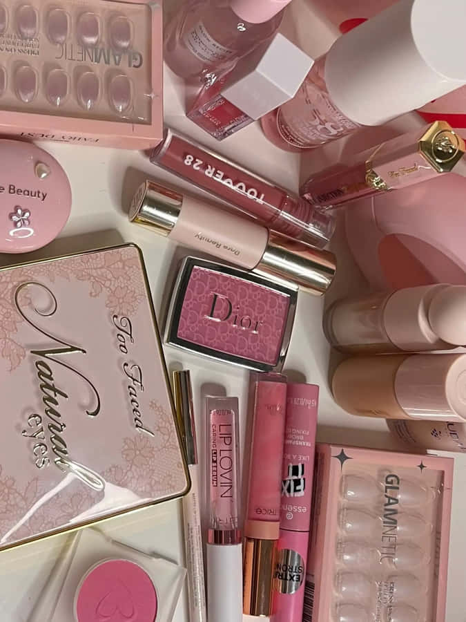 Coleção de Maquiagem Rosa em Flatlay