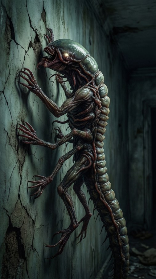 A terrifying parasyte skittering along a wall in the dark.