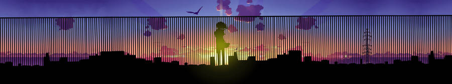 Triple Monitor girl anime standing behind the fence looking at sunlight and city horizon.