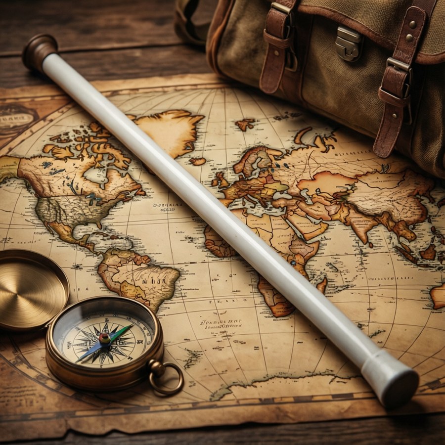 White cane on map with travel items, sepia tones.