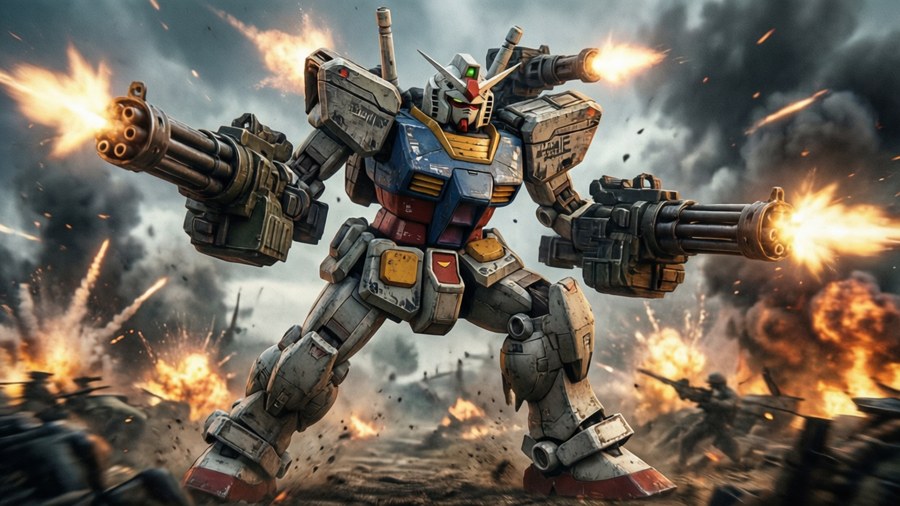 Heavyarms in action on a battlefield.