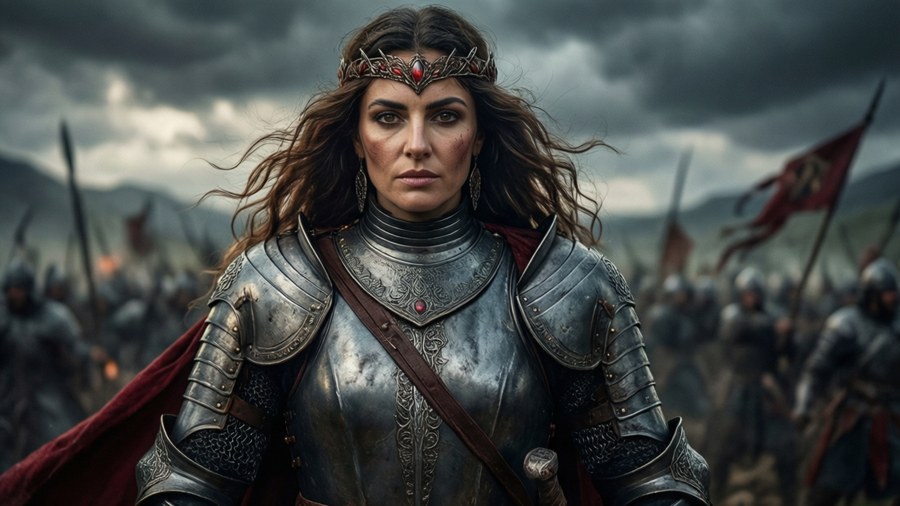 Epic fantasy wallpaper of Inanna Sarkis as a warrior.
