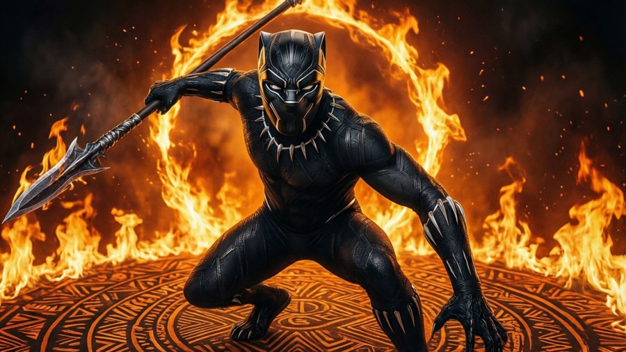 Svart panter med vibranium-spyd i en ring av ild, tribal afrikansk inspirert bakgrunn