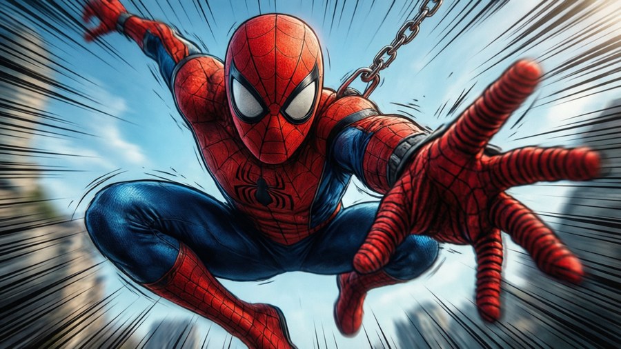 Dynamic action shot of Spider-Man swinging directly at the viewer.