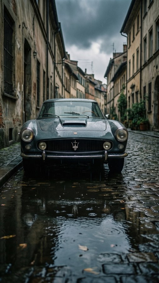 Maserati 3500 GT in vicolo piovoso con riflessi