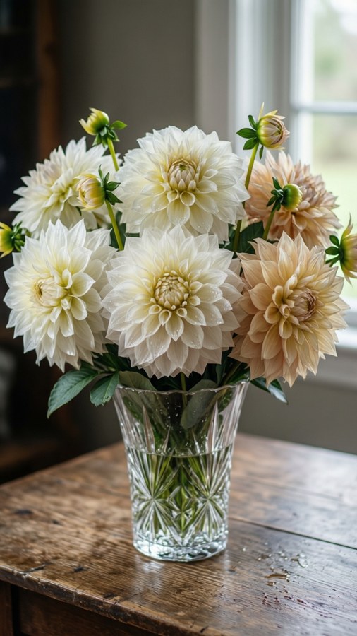 A bouquet of white dahlias in a crystal vase with soft window light.