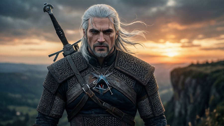 Geralt of Rivia from The Witcher, a stoic monster hunter in a fantasy world.